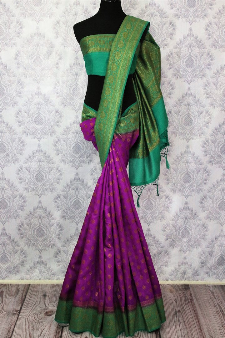 Purple Muga Banarasi saree with buta for online shopping in USA. Pure Elegance fashion store brings an alluring range of exquisite Indian handloom sarees in USA for women. -full view