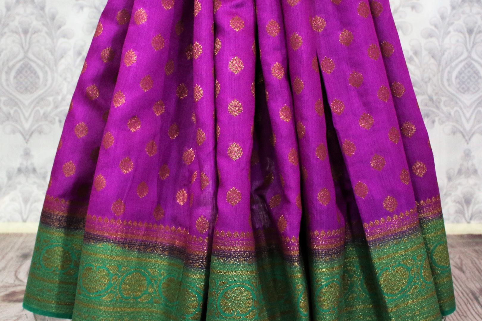 Purple Muga Banarasi saree with buta for online shopping in USA. Pure Elegance fashion store brings an alluring range of exquisite Indian handloom sarees in USA for women. -pleats