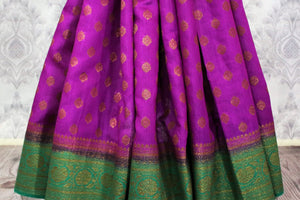 Purple Muga Banarasi saree with buta for online shopping in USA. Pure Elegance fashion store brings an alluring range of exquisite Indian handloom sarees in USA for women. -pleats