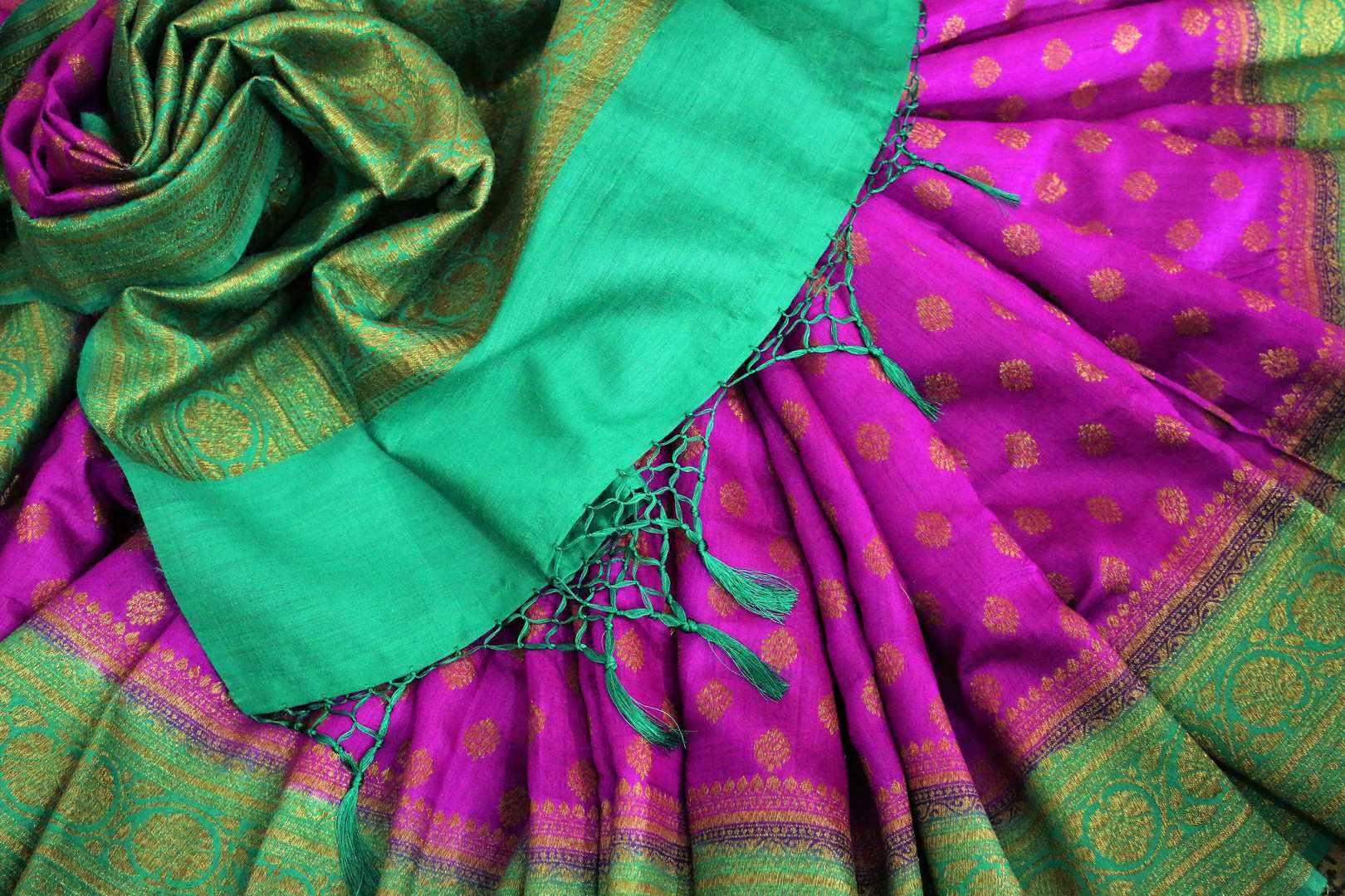 Purple Muga Banarasi saree with buta for online shopping in USA. Pure Elegance fashion store brings an alluring range of exquisite Indian handloom sarees in USA for women. -details