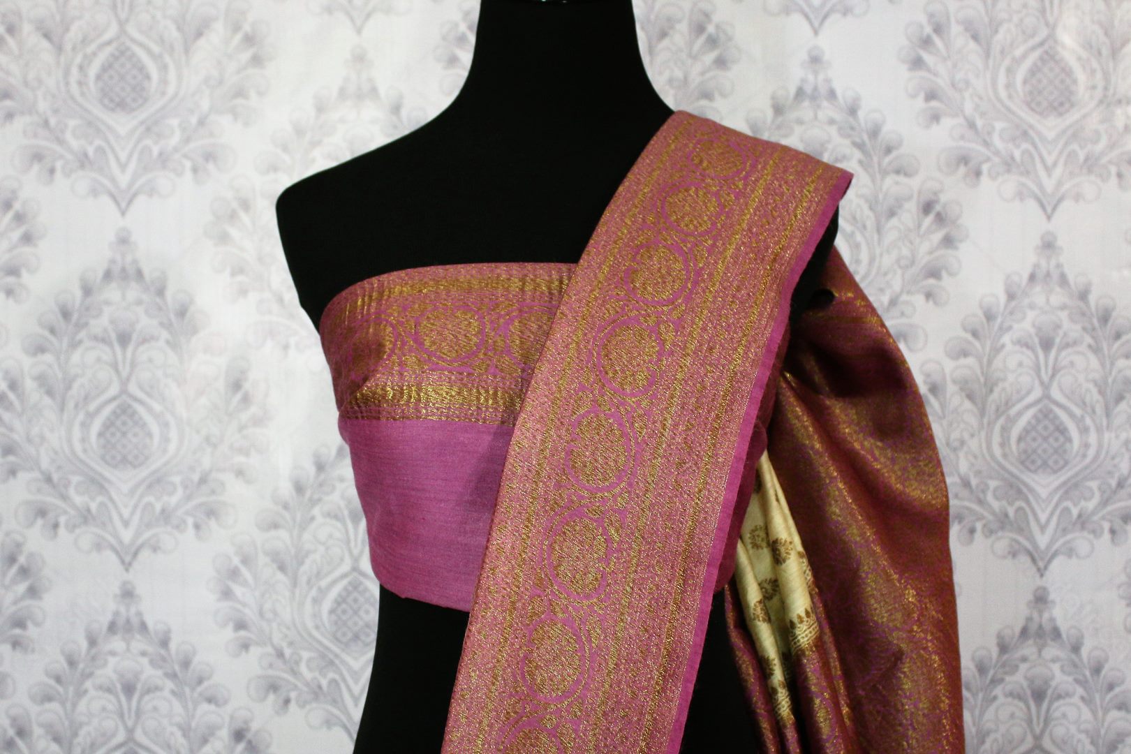 Lemon yellow Muga Banarasi saree with buta for online shopping in USA. Pure Elegance fashion store brings an alluring range of exquisite Indian handloom saris in USA for women. -blouse pallu