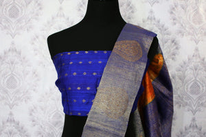 Buy orange tussar Banarasi sari online in USA with blue border. Browse through a range of exclusive Indian designer sarees in USA at Pure Elegance online store. Shop now.-blouse pallu