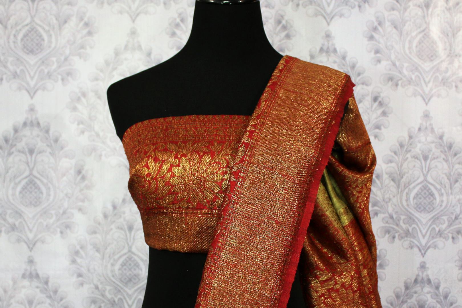 Shop light green tussar Banarasi sari online in USA. Browse through a range of exclusive Indian handloom sarees in USA at Pure Elegance online store. Shop now.-blouse pallu