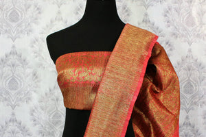 Shop black Banarasi tussar saree online in USA with pink border. Browse through a range of traditional Indian sarees in USA at Pure Elegance online store. Shop now.-blouse pallu