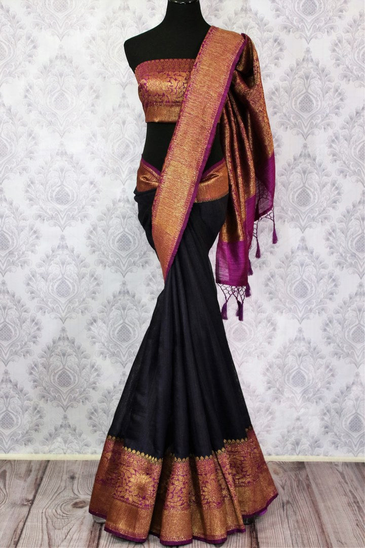 Shop black Banarasi tussar sari online in USA with purple border. Browse through a range of traditional Indian sarees in USA at Pure Elegance online store. Shop now.-full view