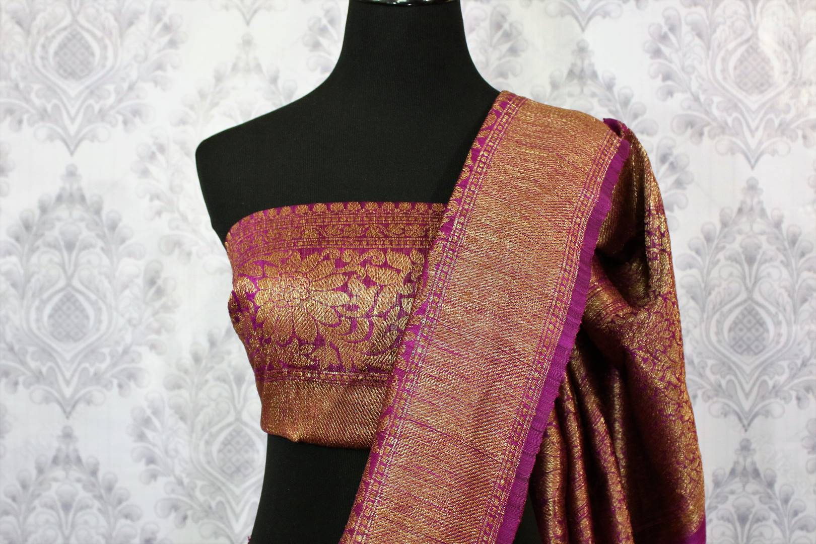 Shop black Banarasi tussar sari online in USA with purple border. Browse through a range of traditional Indian sarees in USA at Pure Elegance online store. Shop now.-blouse pallu