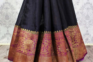 Shop black Banarasi tussar sari online in USA with purple border. Browse through a range of traditional Indian sarees in USA at Pure Elegance online store. Shop now.-pleats