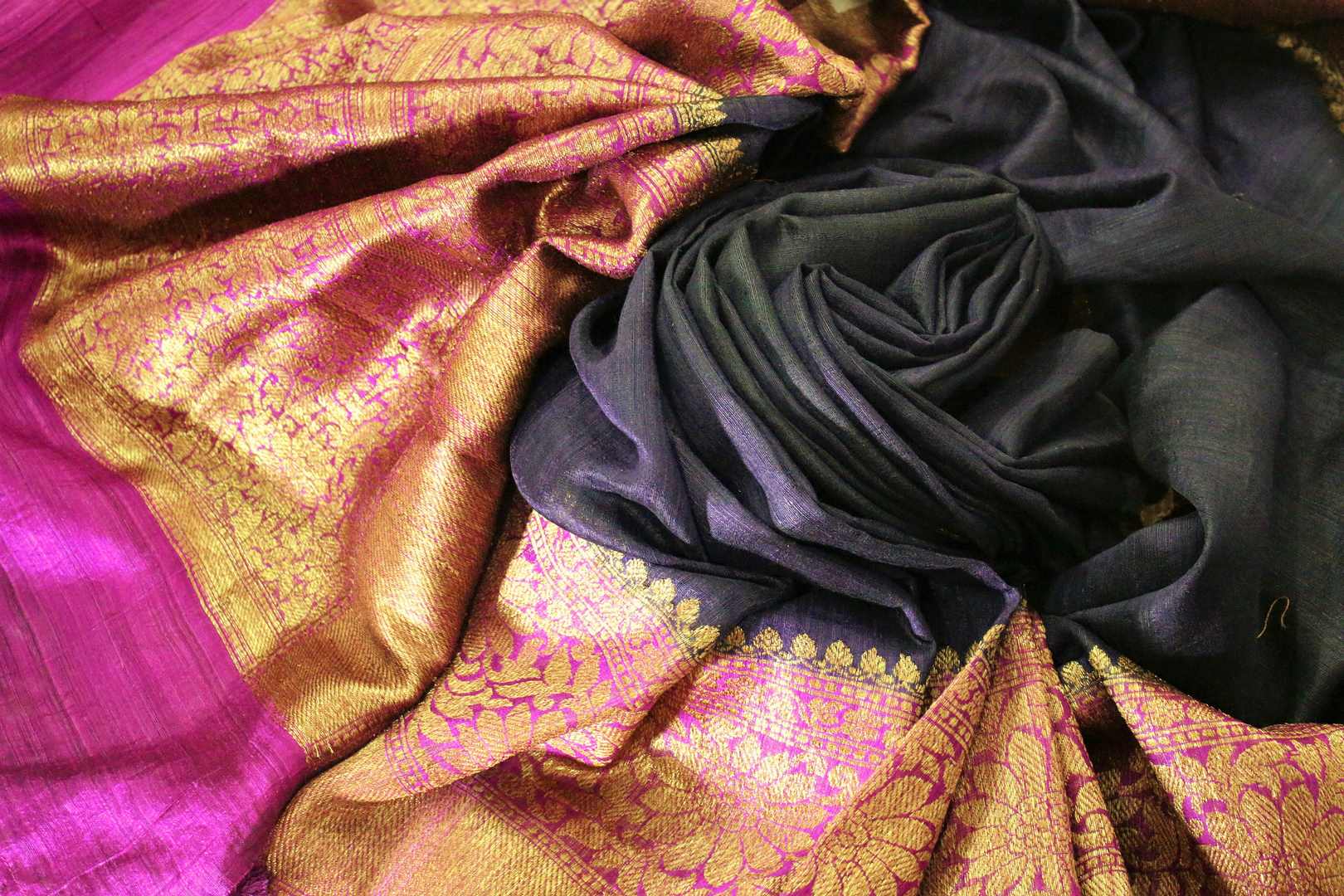 Shop black Banarasi tussar sari online in USA with purple border. Browse through a range of traditional Indian sarees in USA at Pure Elegance online store. Shop now.-details
