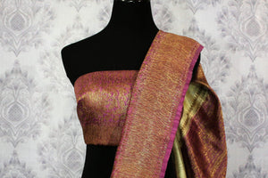 Buy cream Banarasi tussar saree online in USA with purple border. Browse through a range of traditional Indian saris in USA at Pure Elegance online store. Shop now.-blouse pallu