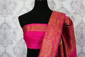 Buy cream Benarasi tussar saree online in USA with pink border. Browse through a range of traditional Indian sarees for weddings at Pure Elegance online store.-blouse pallu