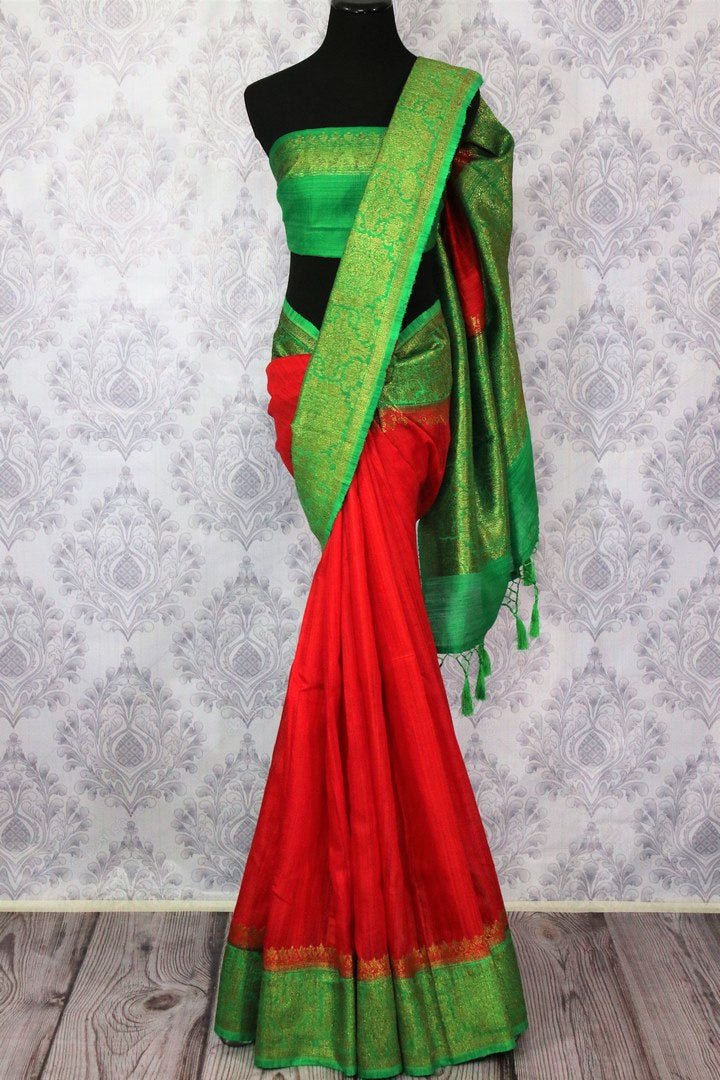 Buy red Banarasi tussar saree online in USA with green border. Browse through a range of traditional Indian sarees for weddings at Pure Elegance online store. Shop now.-full view