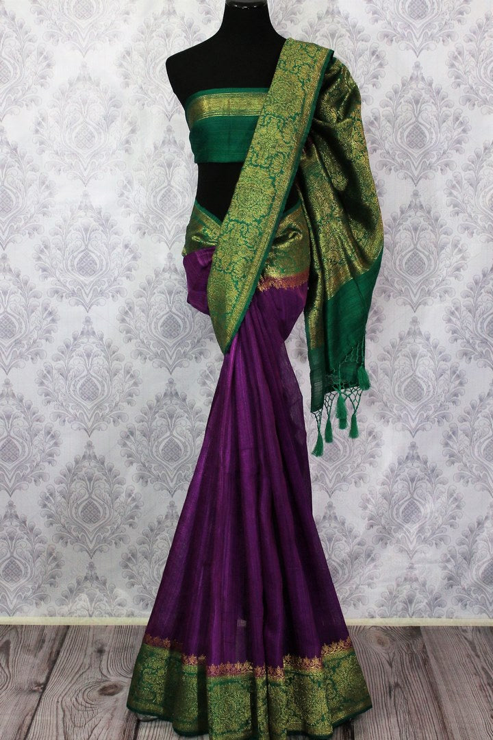 Purple Banarasi tussar saree buy online in USA with green border. Browse through a range of traditional Indian sarees for parties at Pure Elegance online store-full view