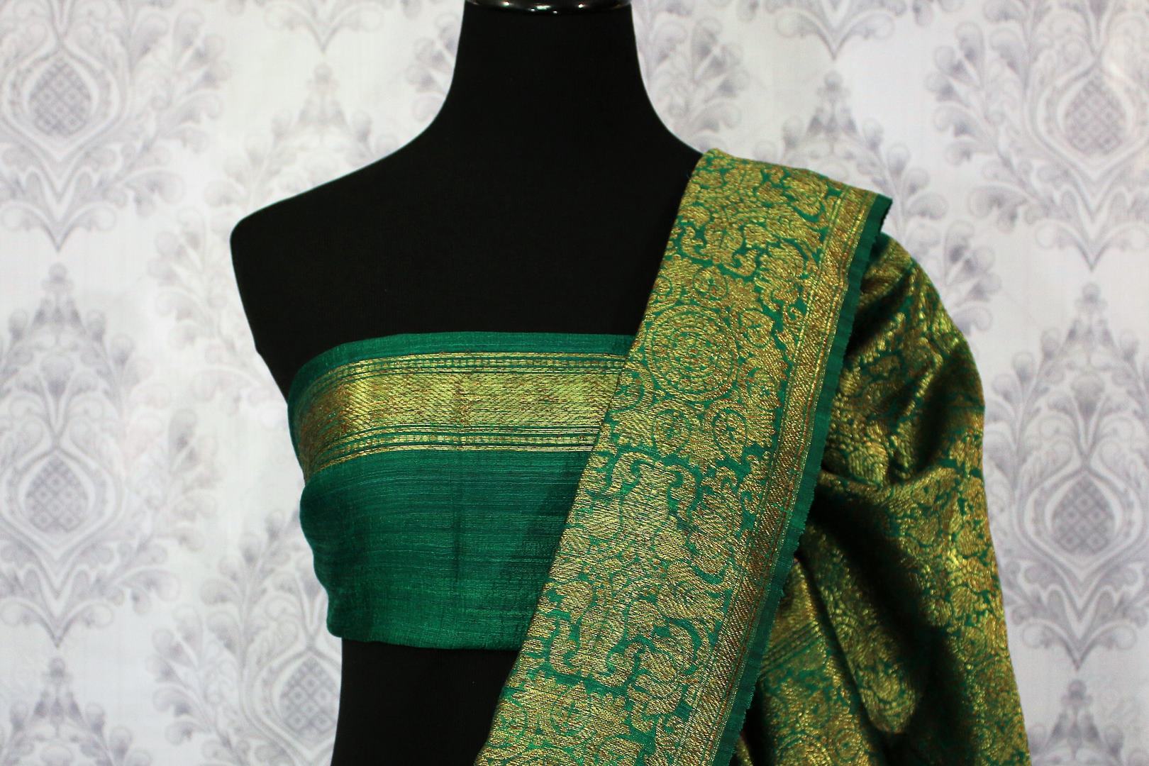 Purple Banarasi tussar saree buy online in USA with green border. Browse through a range of traditional Indian sarees for parties at Pure Elegance online store-blouse pallu