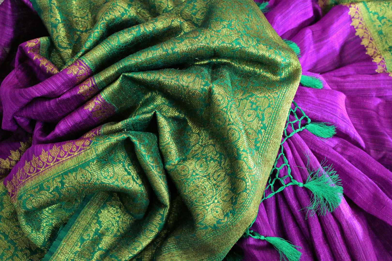 Purple Banarasi tussar saree buy online in USA with green border. Browse through a range of traditional Indian sarees for parties at Pure Elegance online store-details