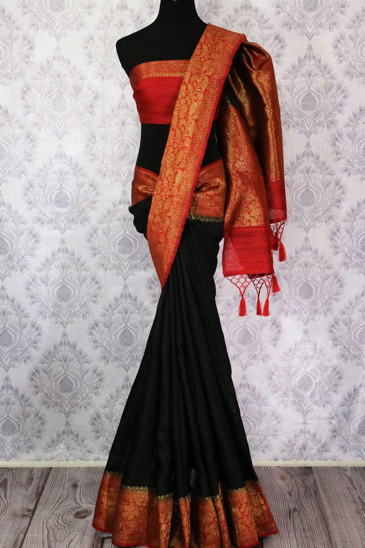 Shop black tussar Banarasi saree online in USA with red border. Explore a range of Indian wedding saris in USA at Pure Elegance online or visit our store in USA.-full view