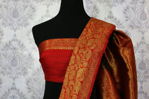 Shop black tussar Banarasi saree online in USA with red border. Explore a range of Indian wedding saris in USA at Pure Elegance online or visit our store in USA.-blouse pallu