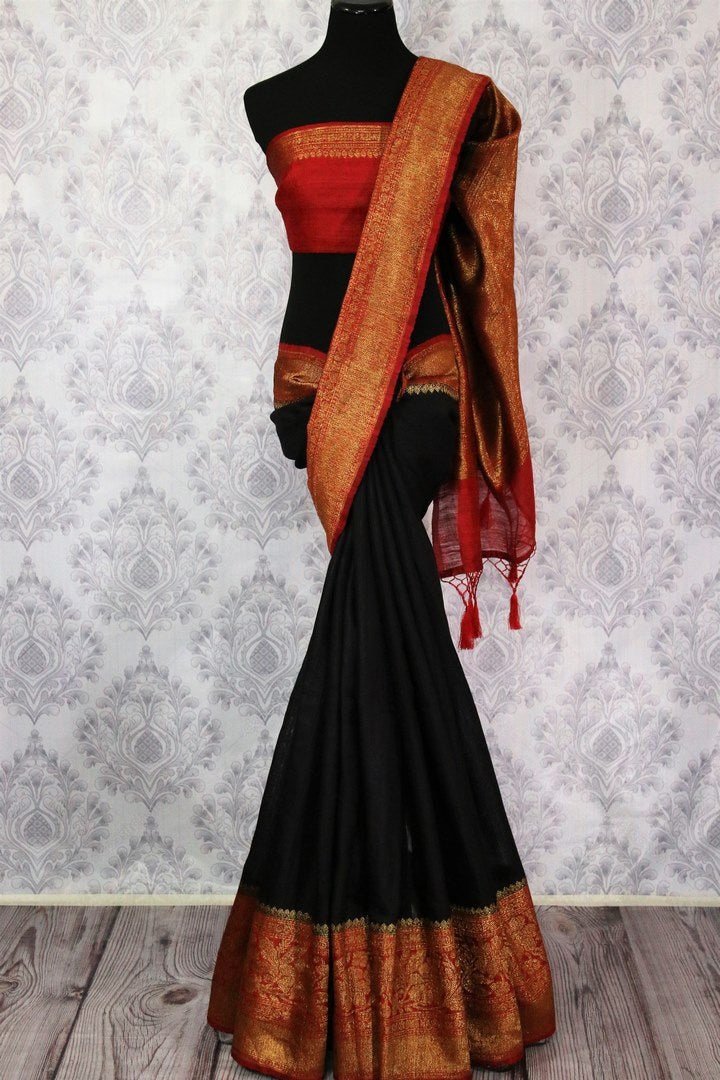 Shop black tussar Banarasi sari online in USA with red border. Explore a range of Indian desinger wedding sarees in USA at Pure Elegance online store. Shop now.-full view