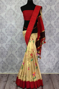 Shop elegant cream tissue Benarasi saree online in USA. Browse through a range of beautiful Indian designer saris in USA at Pure Elegance online store. Shop now.-full view