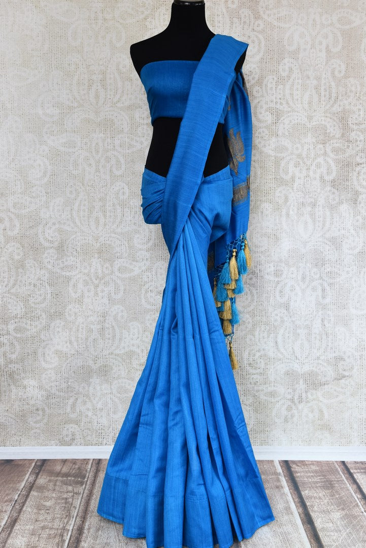 Buy solid blue muga silk Banarasi saree online in USA. Choose from a range of traditional Indian silk sarees at Pure Elegance online store or visit our store in USA.-full view