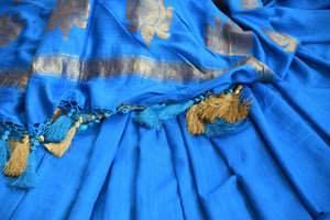Buy solid blue muga silk Banarasi saree online in USA. Choose from a range of traditional Indian silk sarees at Pure Elegance online store or visit our store in USA.-details