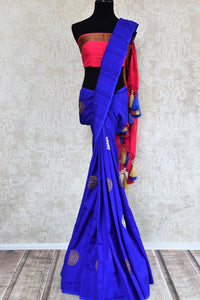 Buy blue muga silk Banarasi sari with buta online in USA. Choose from a range of traditional Indian silk saris at Pure Elegance online store or visit our store in USA.-full view