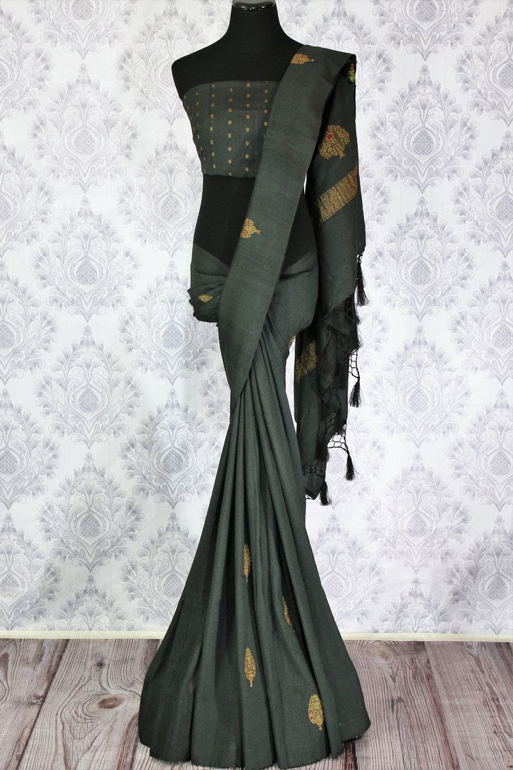 Classic black muga Banarasi saree with buta buy online in USA. Shop the latest design Indian designer sarees from Pure Elegance clothing store in USA for women.-full view