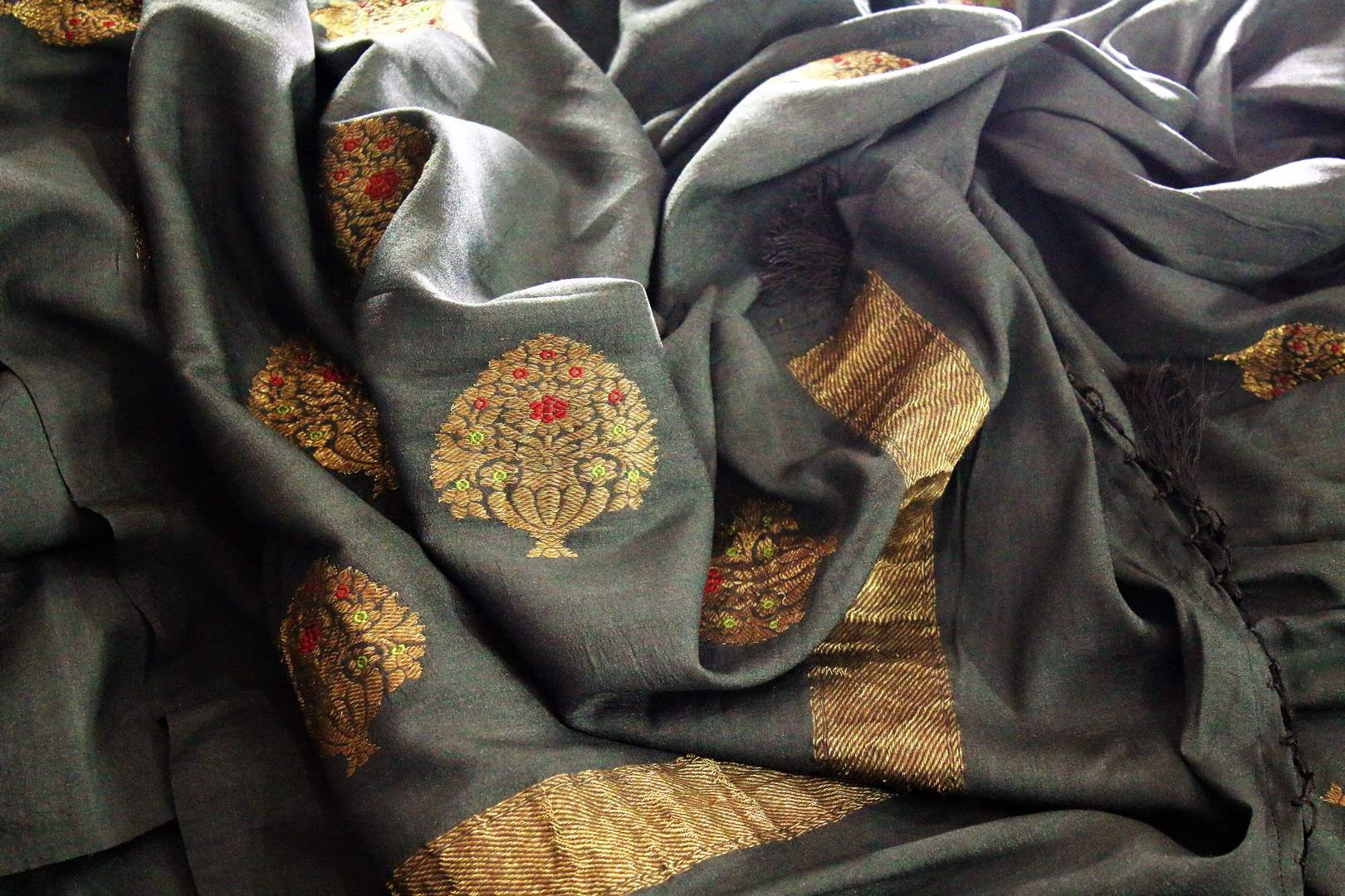 Classic black muga Banarasi saree with buta buy online in USA. Shop the latest design Indian designer sarees from Pure Elegance clothing store in USA for women.-details