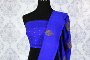 Elegant blue muga Benarasi saree with buta buy online in USA. Shop the latest design Indian designer sarees from Pure Elegance clothing store in USA for women.-blouse pallu
