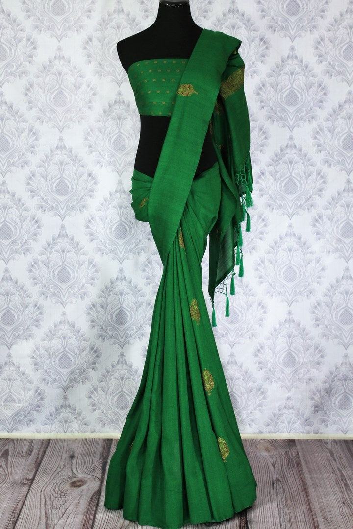 Elegant green muga Banarasi sari with buta buy online in USA. Shop the latest design Indian designer sarees from Pure Elegance clothing store in USA for women.-full view