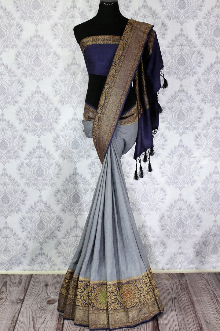 Grey Muga Benarasi saree with meenakari zari border buy online in USA. Explore a range of exclusive Banarasi sarees in USA at Pure Elegance Indian clothing store.-full view