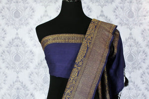 Grey Muga Benarasi saree with meenakari zari border buy online in USA. Explore a range of exclusive Banarasi sarees in USA at Pure Elegance Indian clothing store.-blouse pallu
