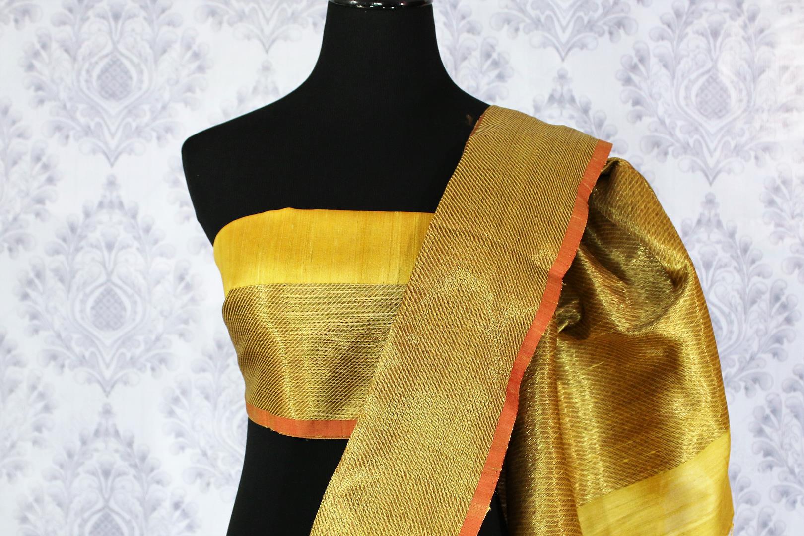 Yellow Muga Benarasi sari with golden border buy online in USA. Explore a range of exclusive Banarasi sarees in USA at Pure Elegance Indian clothing store.-blouse pallu