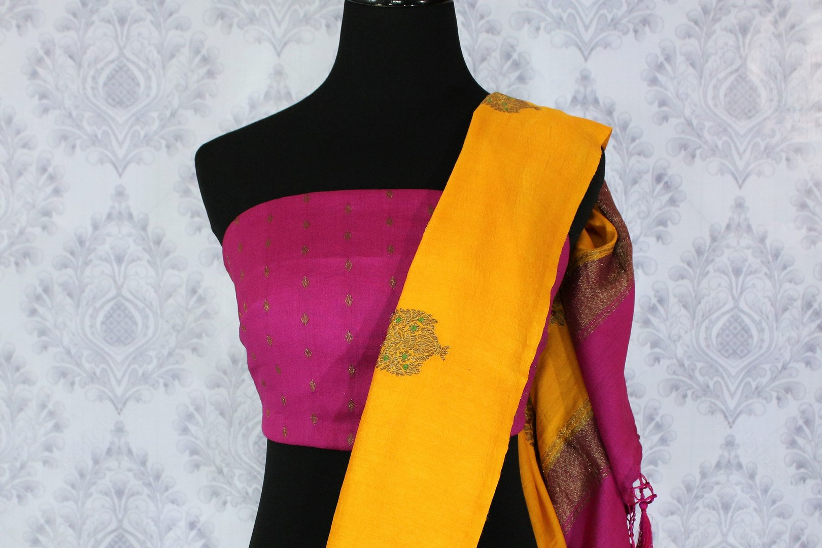 Bright yellow muga Banarasi saree with buta buy online in USA. Shop the latest design Indian designer sarees from Pure Elegance clothing store in USA for women.-blouse pallu