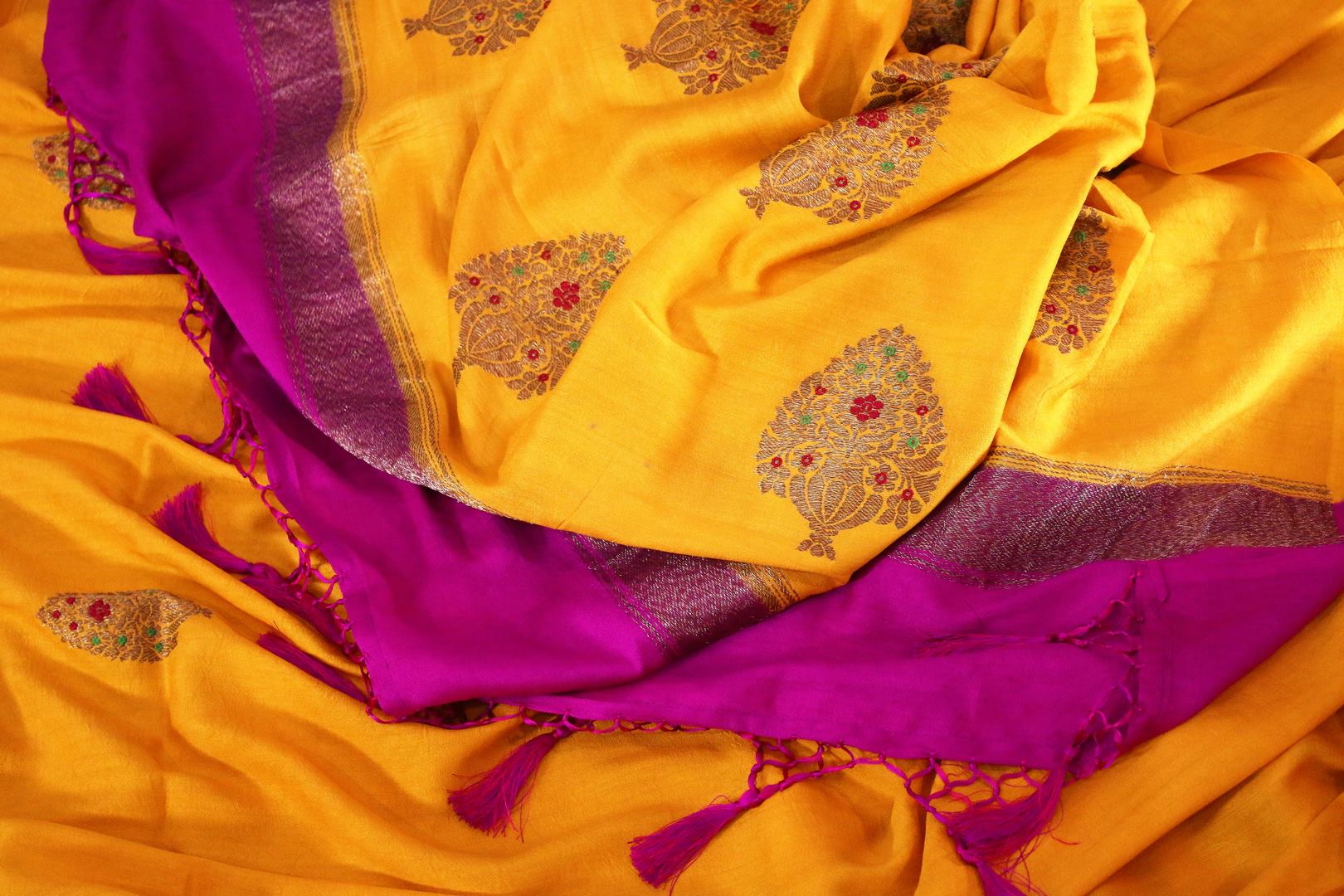Bright yellow muga Banarasi saree with buta buy online in USA. Shop the latest design Indian designer sarees from Pure Elegance clothing store in USA for women.-details