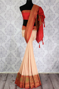 Peach Muga Banarasi saree with red border buy online in USA. Explore a range of exclusive Banarasi sarees in USA at Pure Elegance Indian clothing store for women.-full view