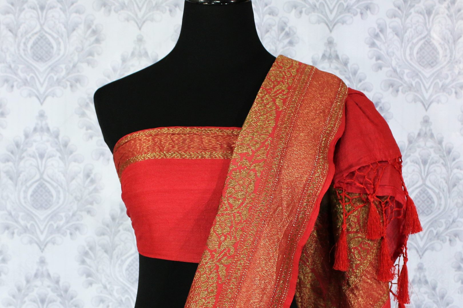 Peach Muga Banarasi saree with red border buy online in USA. Explore a range of exclusive Banarasi sarees in USA at Pure Elegance Indian clothing store for women.-blouse pallu