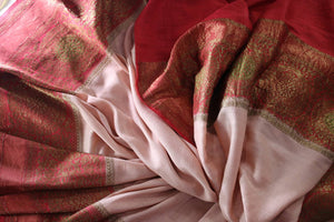 Peach Muga Banarasi saree with red border buy online in USA. Explore a range of exclusive Banarasi sarees in USA at Pure Elegance Indian clothing store for women.-details