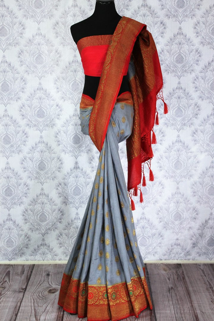 Grey Muga Banarasi saree with golden buta buy online in USA. Explore a range of traditional Banarasi sarees in USA at Pure Elegance Indian clothing store for women.-full view
