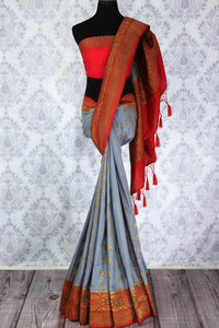 Grey Muga Banarasi saree with golden buta buy online in USA. Explore a range of traditional Banarasi sarees in USA at Pure Elegance Indian clothing store for women.-full view