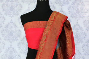 Grey Muga Banarasi saree with golden buta buy online in USA. Explore a range of traditional Banarasi sarees in USA at Pure Elegance Indian clothing store for women.-blouse pallu