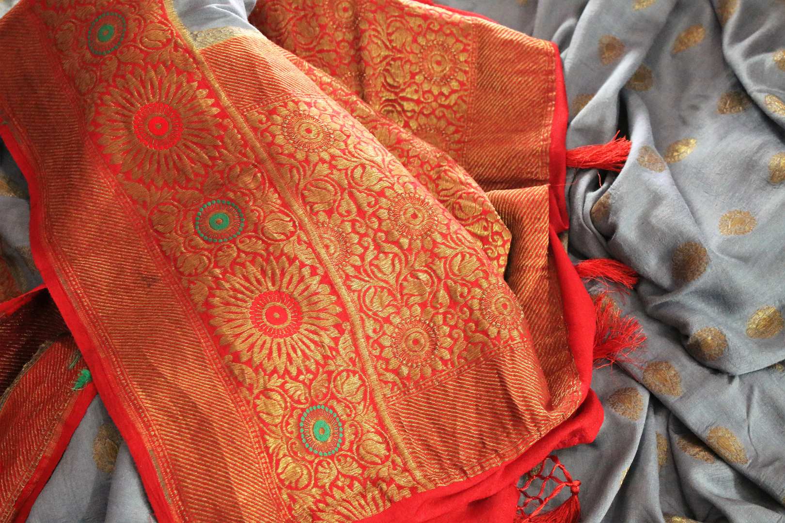 Grey Muga Banarasi saree with golden buta buy online in USA. Explore a range of traditional Banarasi sarees in USA at Pure Elegance Indian clothing store for women.-details