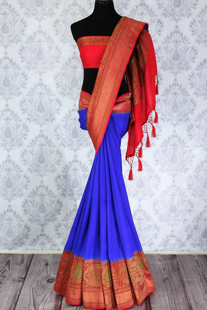 Beautiful blue Muga Banarasi sari with pink border buy online in USA. Explore a range of traditional Banarasi saris in USA at Pure Elegance Indian clothing store for women.-full view