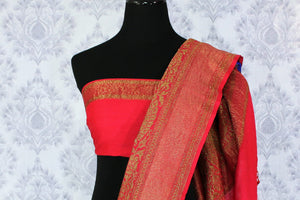 Beautiful blue Muga Banarasi sari with pink border buy online in USA. Explore a range of traditional Banarasi saris in USA at Pure Elegance Indian clothing store for women.-blouse pallu