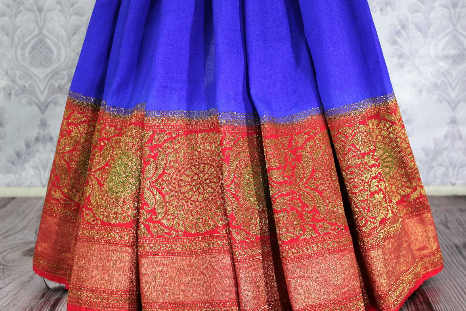 Beautiful blue Muga Banarasi sari with pink border buy online in USA. Explore a range of traditional Banarasi saris in USA at Pure Elegance Indian clothing store for women.-pleats