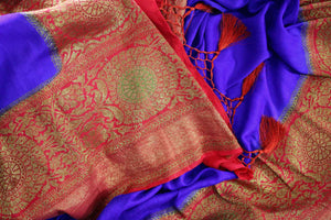 Beautiful blue Muga Banarasi sari with pink border buy online in USA. Explore a range of traditional Banarasi saris in USA at Pure Elegance Indian clothing store for women.-details