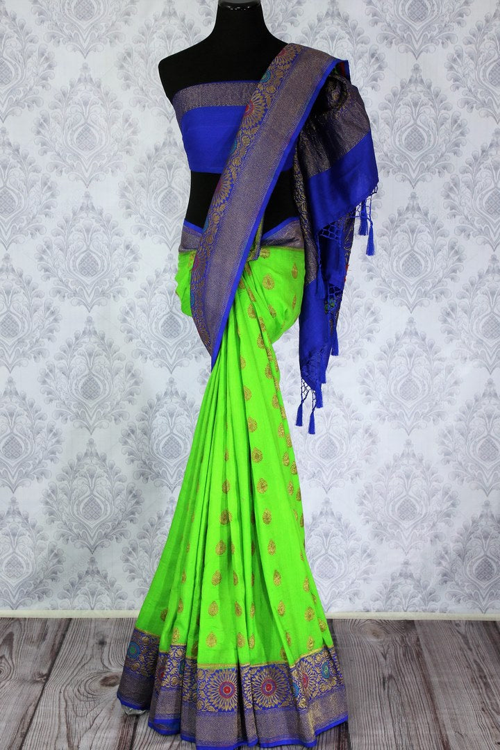 Striking neon green Muga Banarasi sari with zari buta buy online in USA. Explore a range of traditional Banarasi sarees in USA at Pure Elegance clothing store for women.-full view