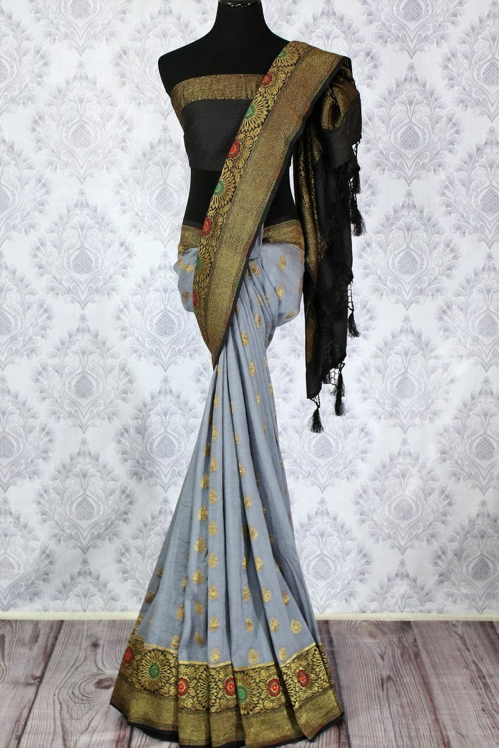 Elegant grey Muga Banarasi saree with zari buta buy online in USA. Explore a range of traditional Banarasi sarees in USA at Pure Elegance clothing store for women.-full view