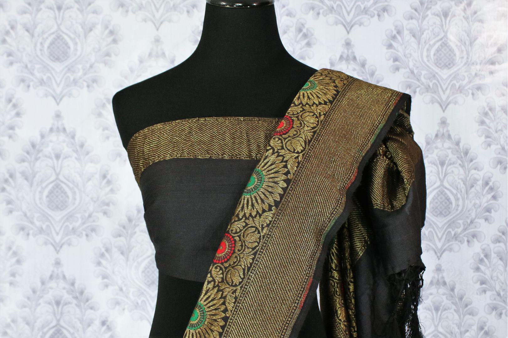 Elegant grey Muga Banarasi saree with zari buta buy online in USA. Explore a range of traditional Banarasi sarees in USA at Pure Elegance clothing store for women.-blouse pallu