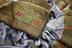Elegant grey Muga Banarasi saree with zari buta buy online in USA. Explore a range of traditional Banarasi sarees in USA at Pure Elegance clothing store for women.-details