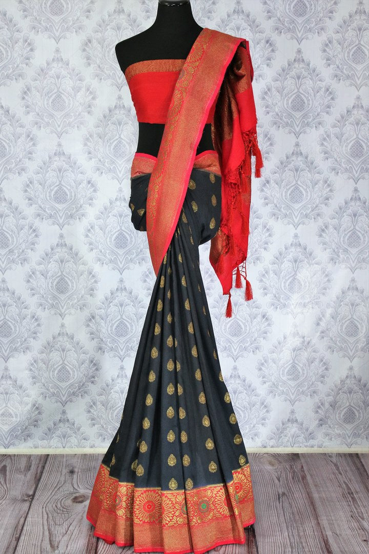 Regal black Muga Banarasi saree with zari buta buy online in USA. Explore a range of Indian wedding sarees in USA at Pure Elegance clothing store for women. Shop now,-full view